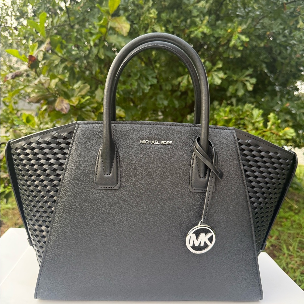Michael Kors Large Avril Satchel  Woven Leather Black Handbag